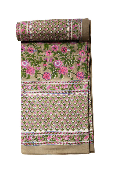 Cotton Block Print Bedsheet in Beige and Pink
