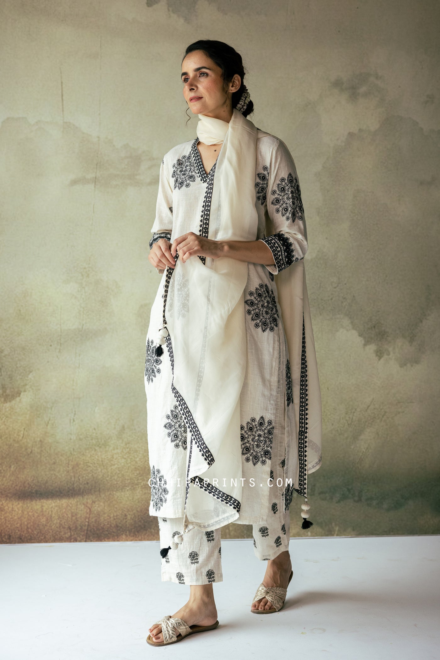 Cotton Mandala Embroidery Kurta Set in Shades of Ivory & Black