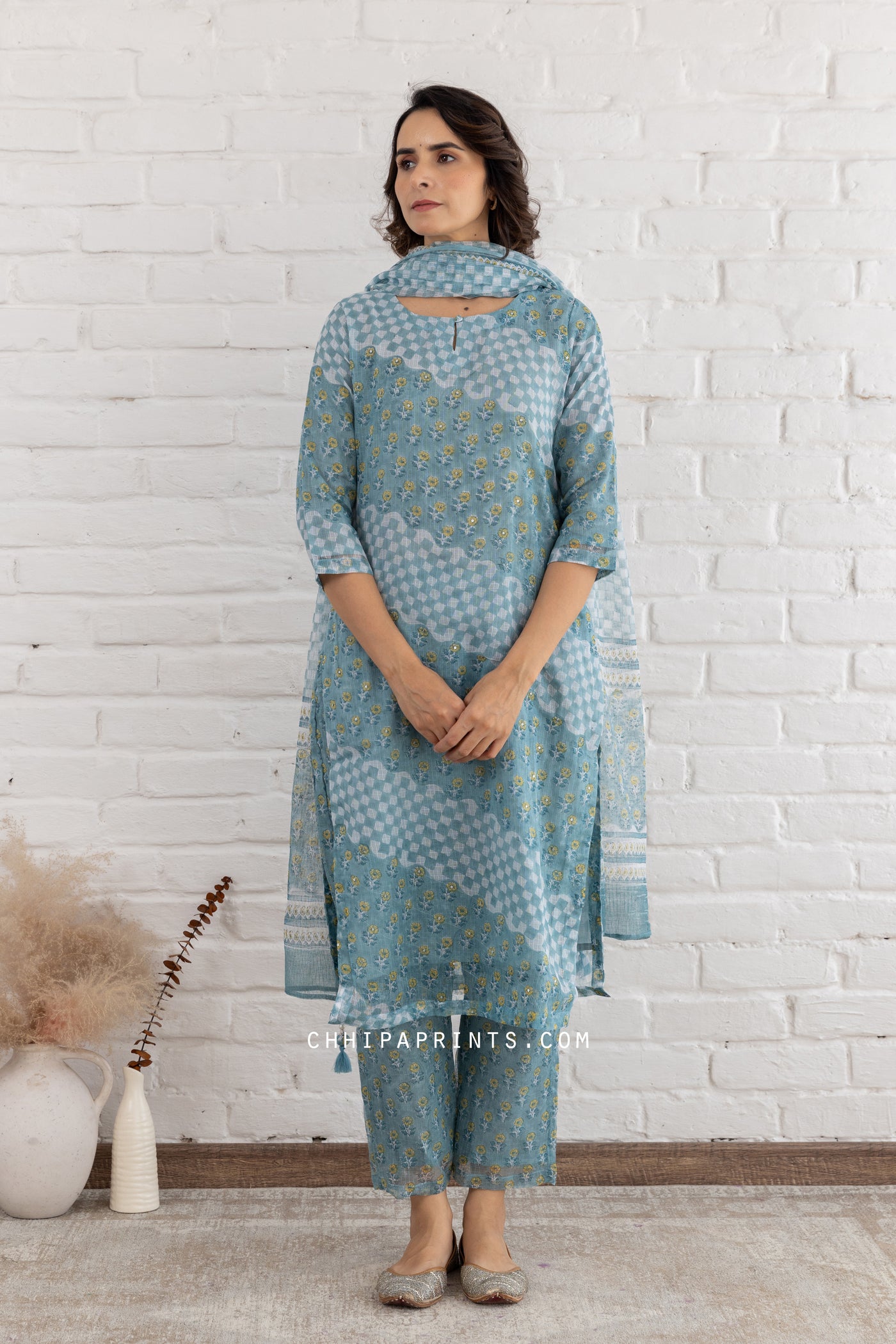 Kota Doria Block Print Bias Panel Suit Set in Teal Blue