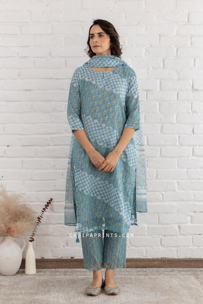 Kota Doria Block Print Bias Panel Suit Set in Teal Blue