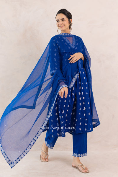 Cotton Multi Buti Embroidered Kurta Set in Royal Blue