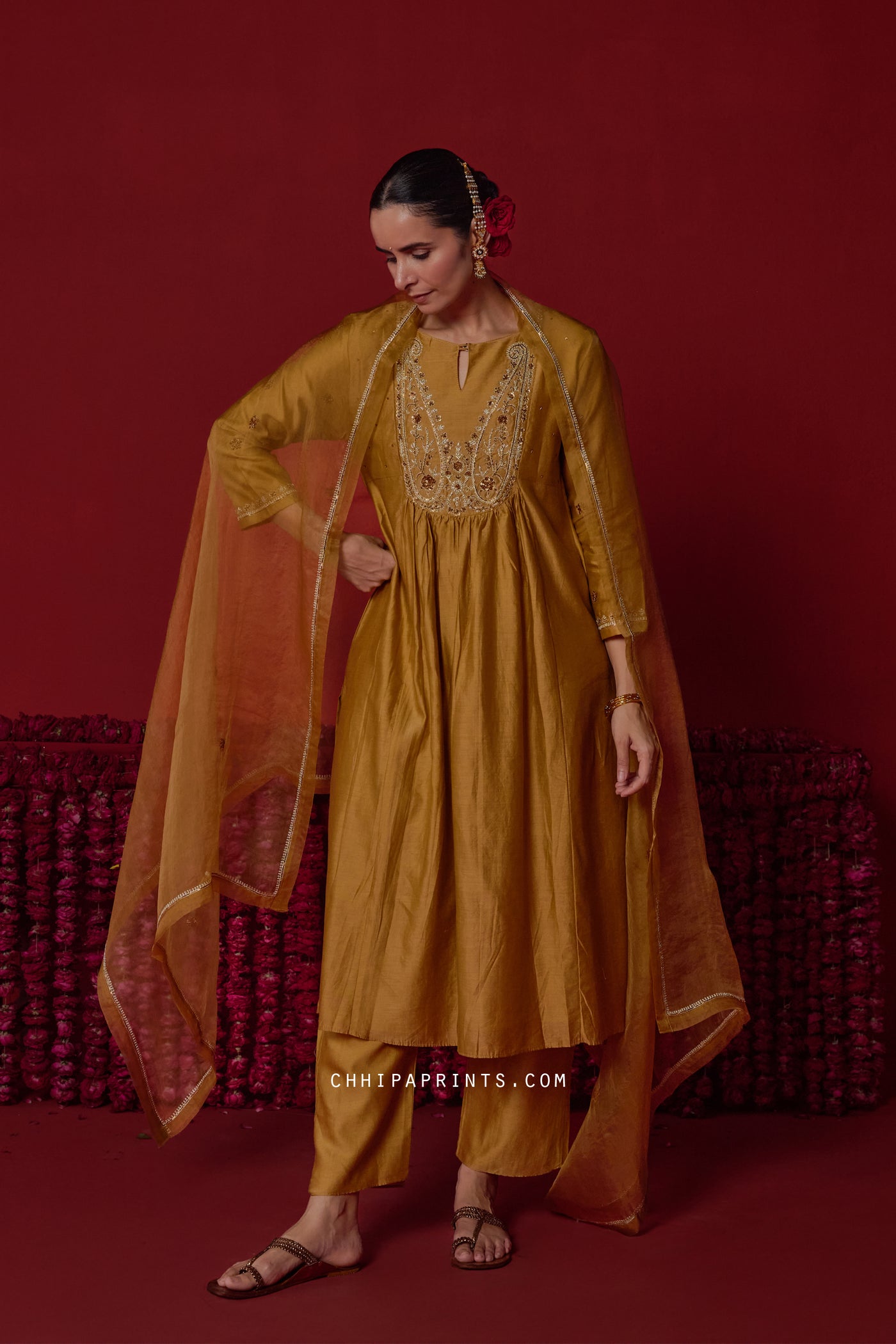 Chanderi Silk Paisley Embroidered Yoke Kurta Set in Bronze Mist