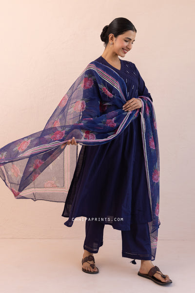 Cotton Slub Plain Dye Angrakha Kurta Set in Midnight Blue