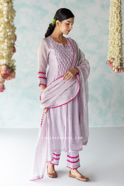 CHANDERI SILK SMOCKING KURTA SET IN Shades of Violet Ice