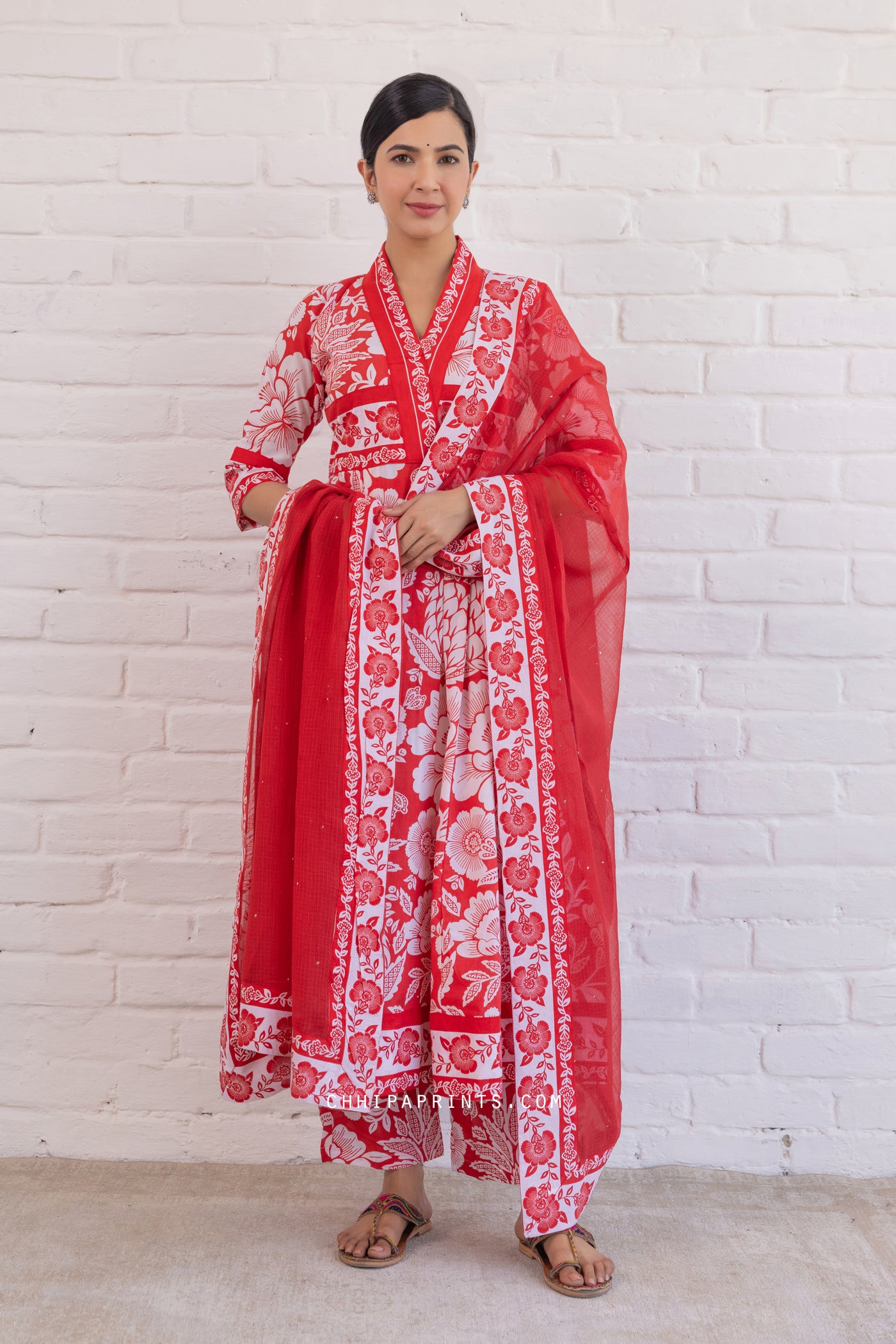 Cotton Mughal Jaal Print Flare Kurta Set in Racing Red
