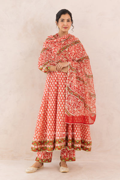 Cotton Block Print Gud Buti Anarkali Kurta Set in Racing Red