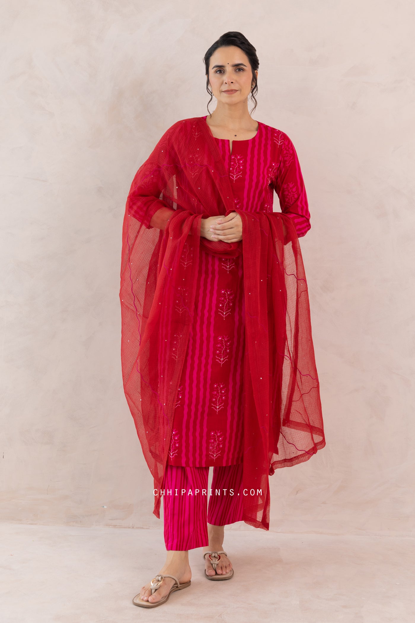 Cotton Buta Stripe Panel Print Kuta Set in Shades of Pink & Red
