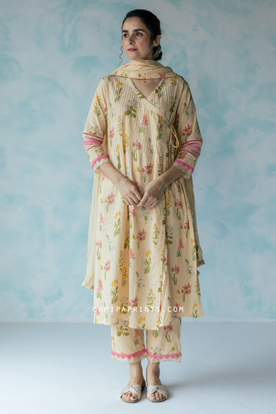 Cotton Hand Printed Floral Angrakha Kurta Set in Shades of Pink & Green