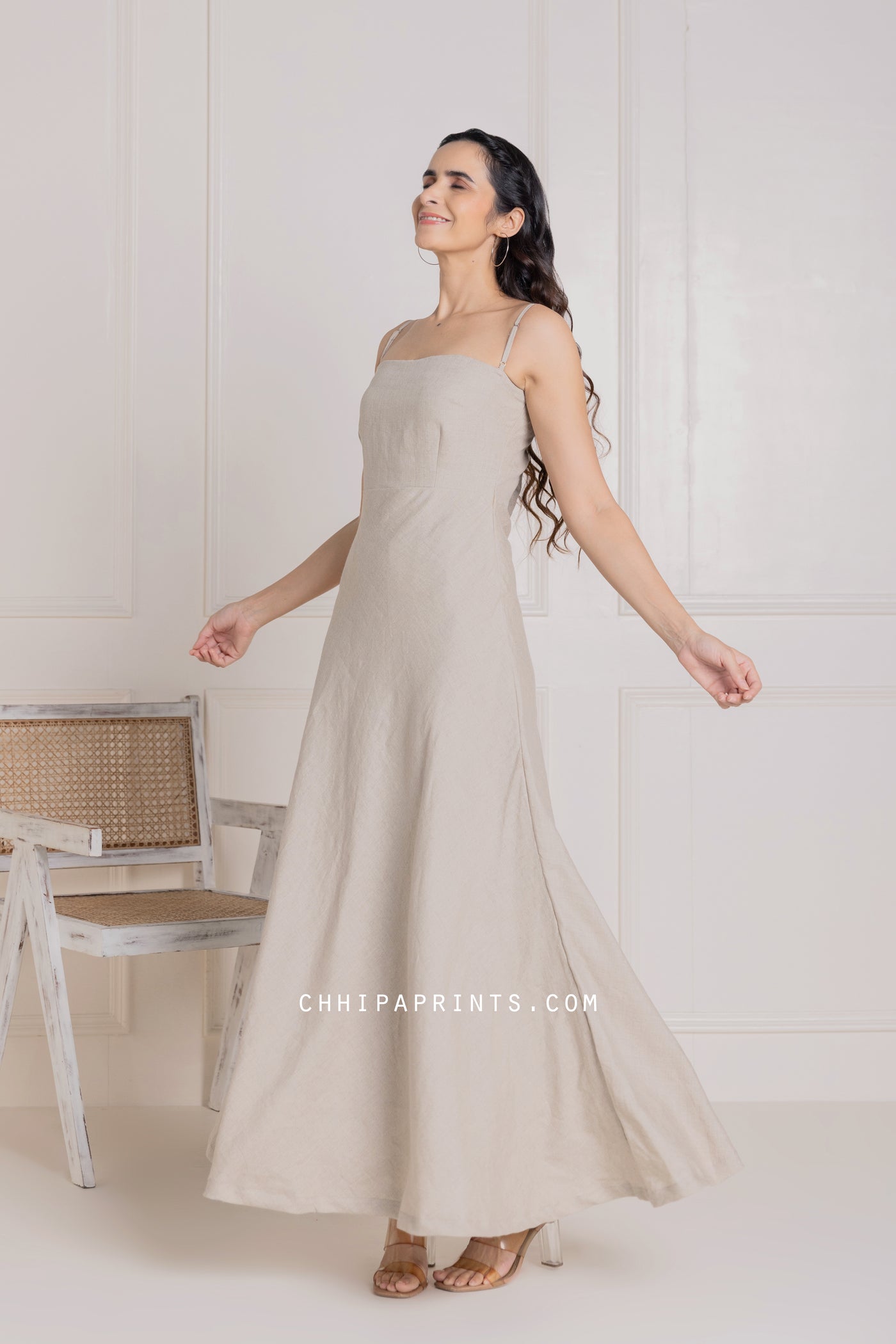 Pure Linen Sleeveless Long Dress in Solid Natural Grey