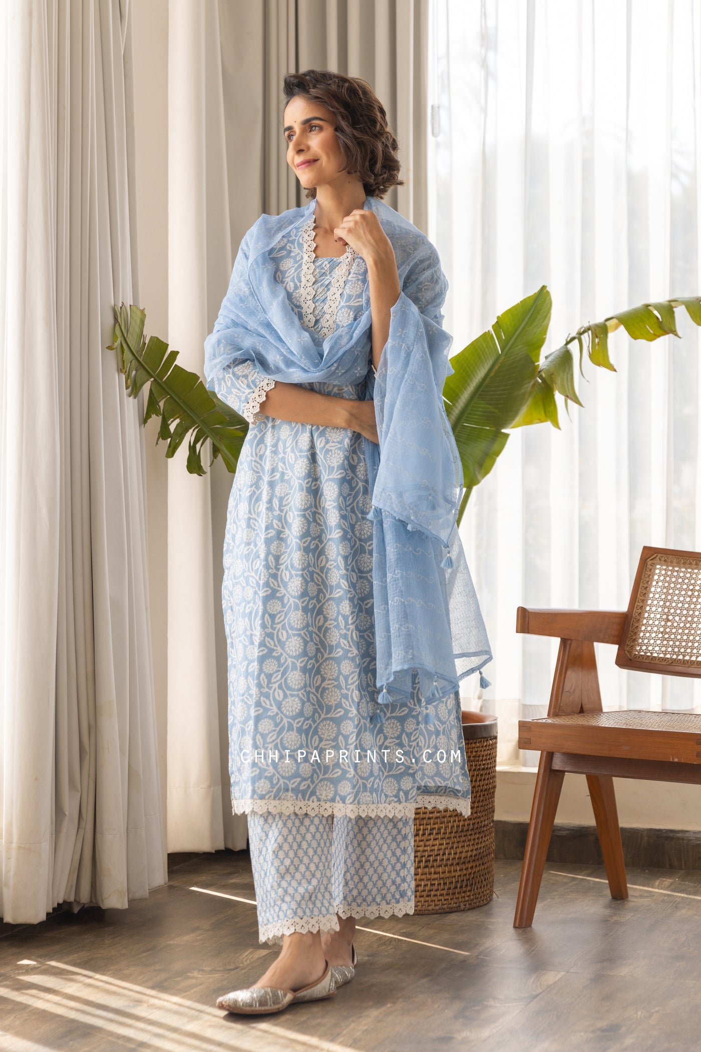 Cotton Mughal Jaal Print Kurta Set in Baby Blue