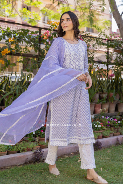 Cotton Gud Buti Embroidery Suit Set from Mehak Collection in Misty Lilac (Set of 3)