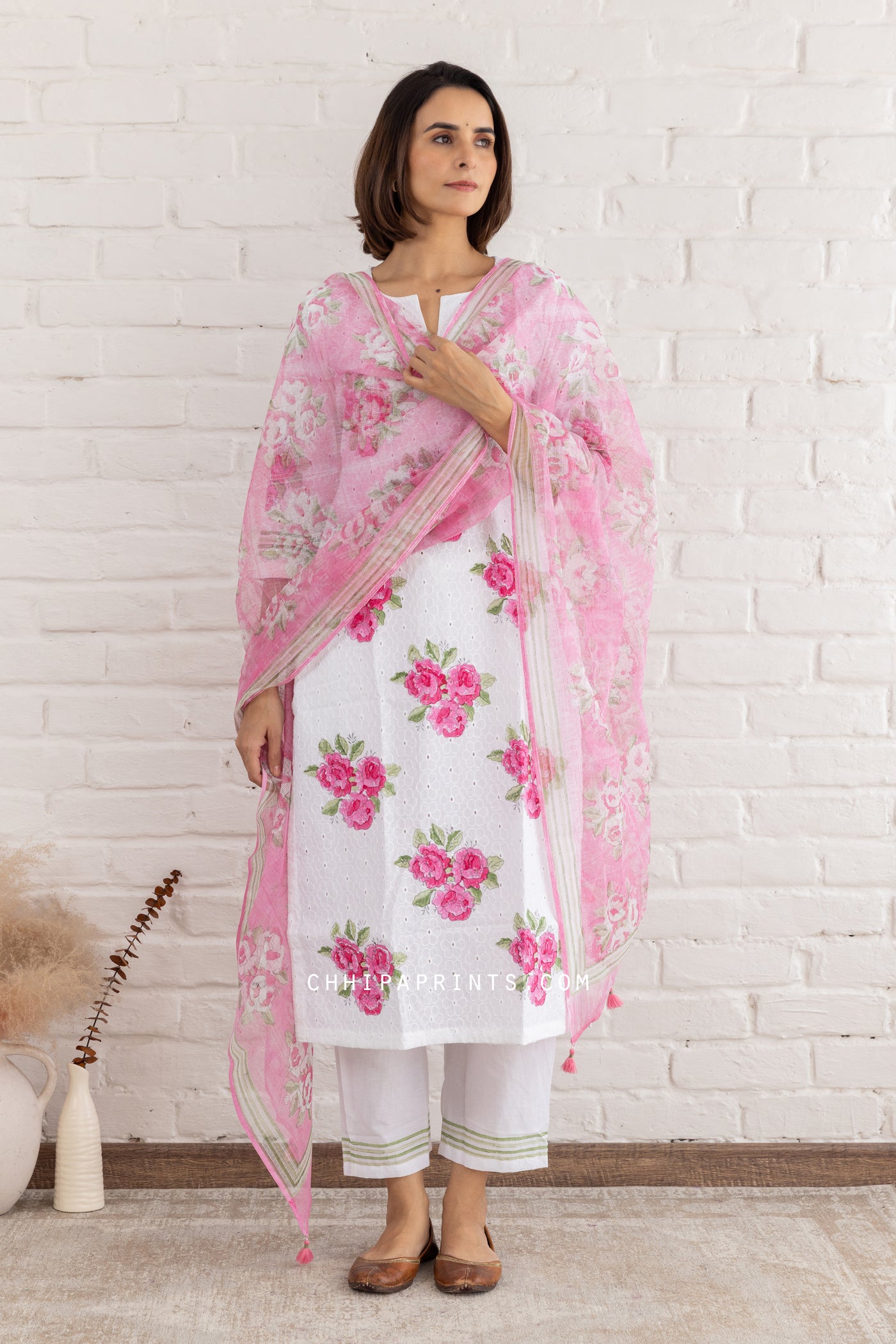 Cotton Schiffli Floral Block Print Kurta Set in Hot Pink