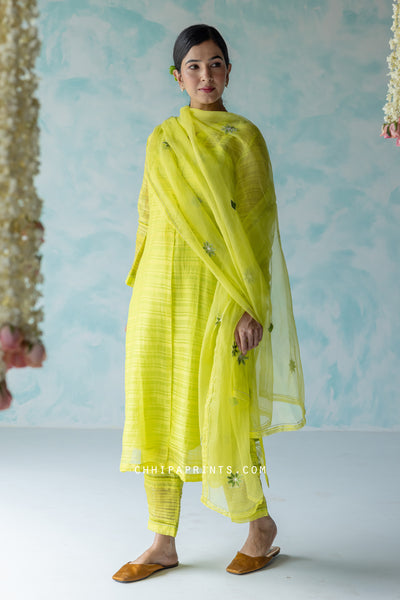 Chanderi SIlk Checks Hand Embroidered Kurta Set in Fluorescent Green