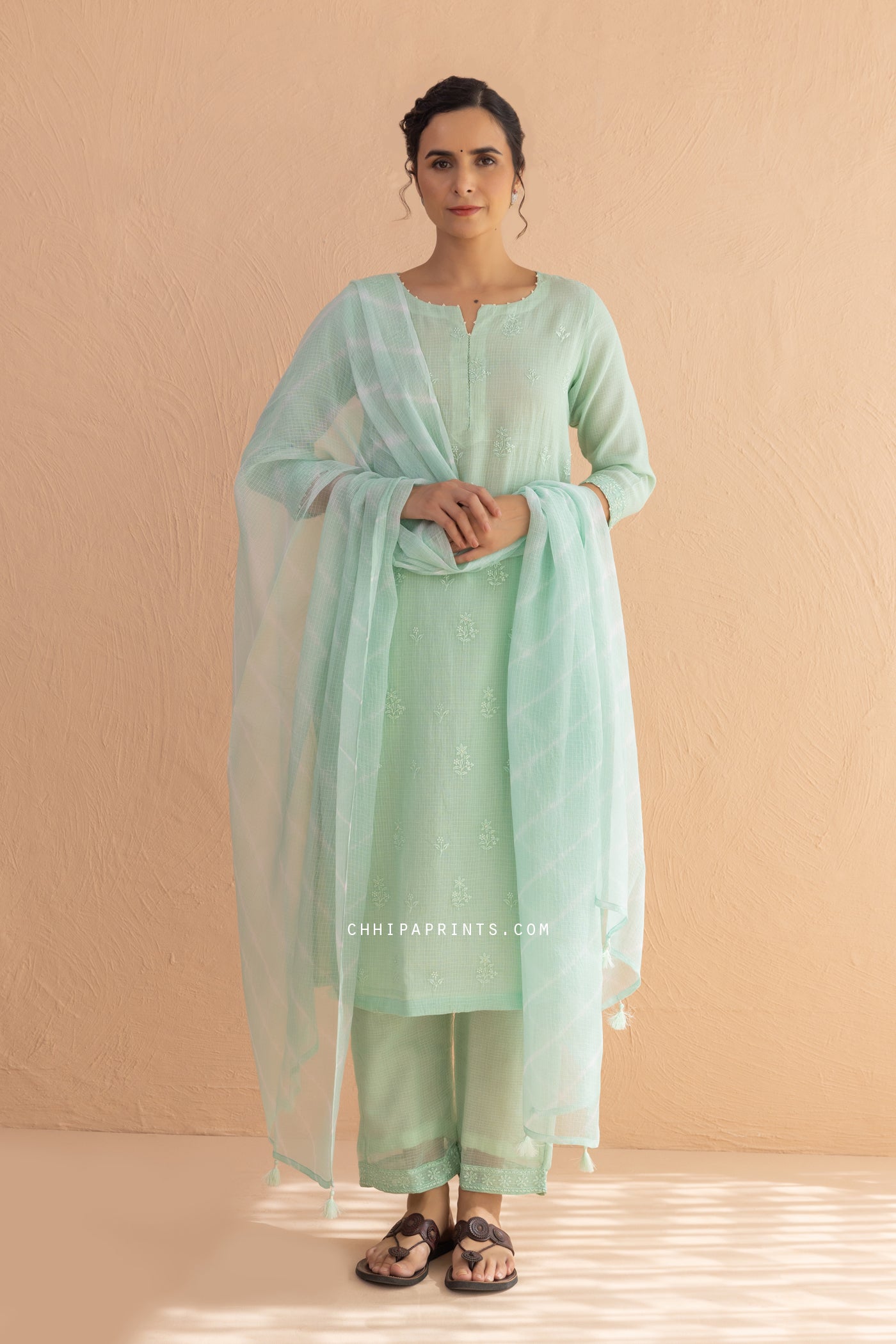 Kota Doria Embroidery Buti Suit Set in Mint Green