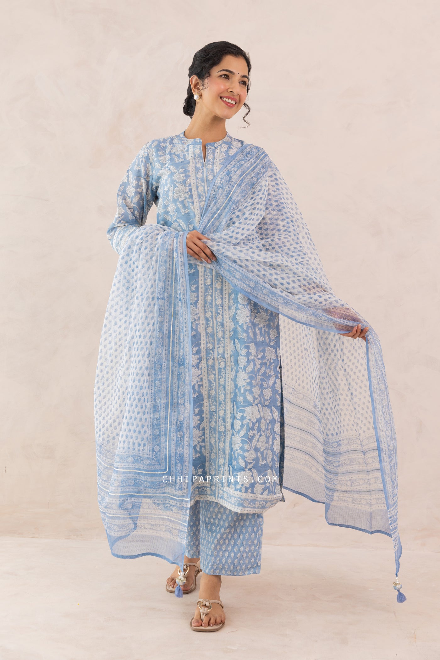 Chanderi Silk Block Print Jaal Kurta Set in Powder Blue