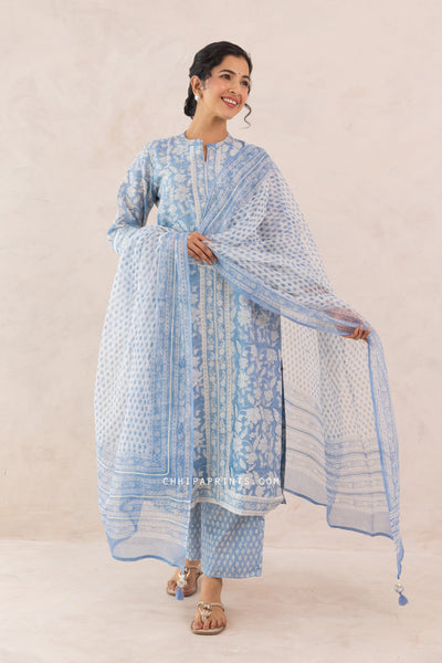 Chanderi Silk Block Print Jaal Kurta Set in Powder Blue