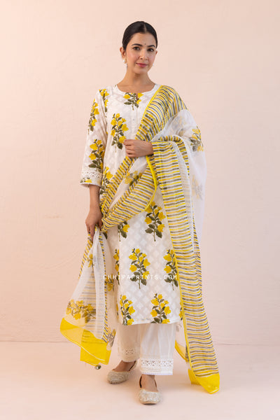 Chanderi Silk Dobby Block Print Chintz Kurta Set in Solar Yellow