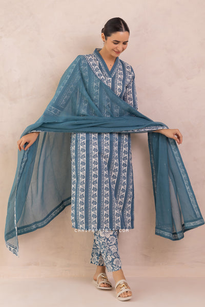 Cotton Floral Border Print Kurta Set in Moroccan Blue