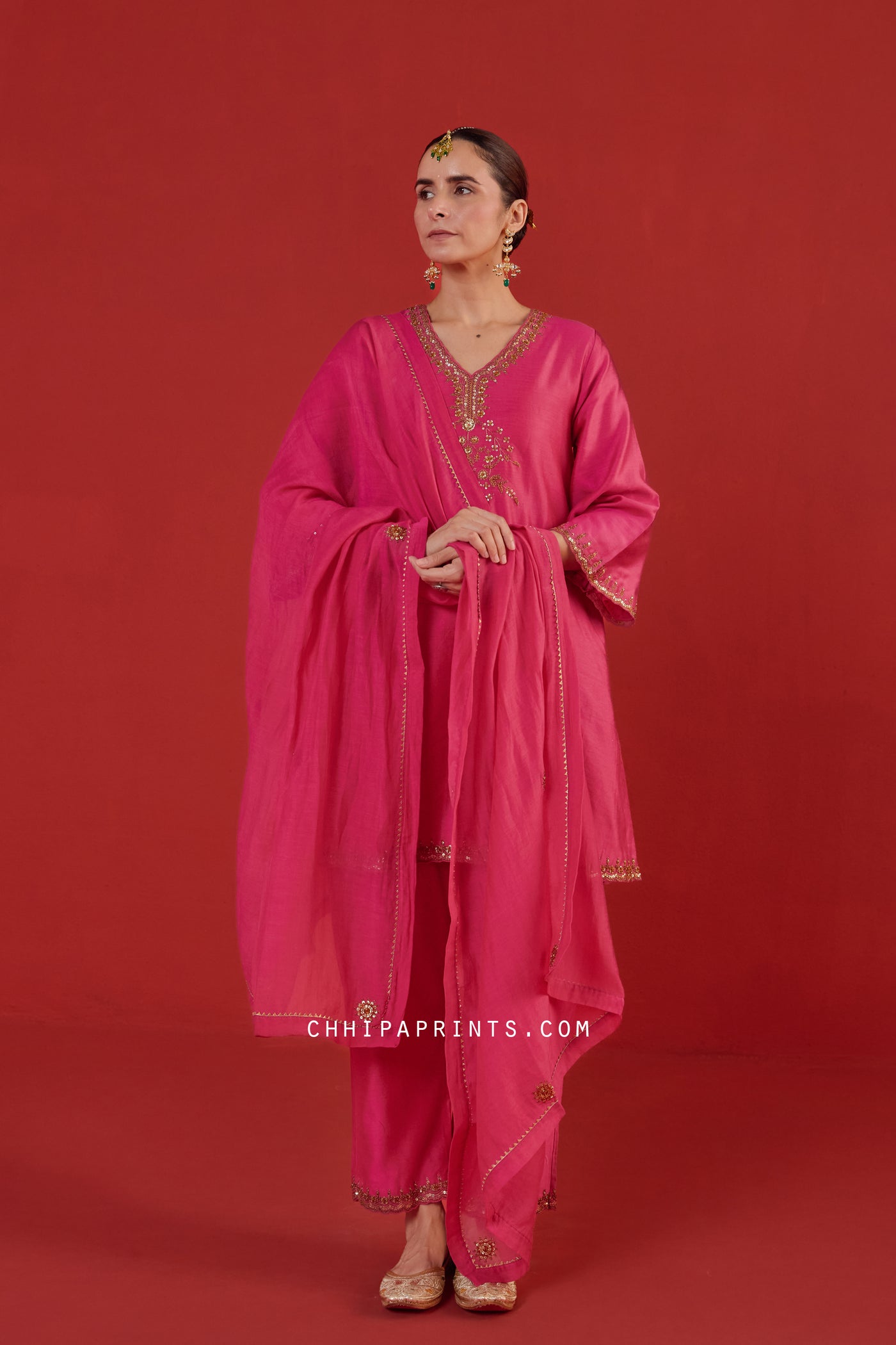 Chanderi Silk Marodi Embroidery Kurta Set in Hot Pink