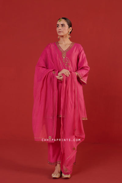 Chanderi Silk Marodi Embroidery Kurta Set in Hot Pink