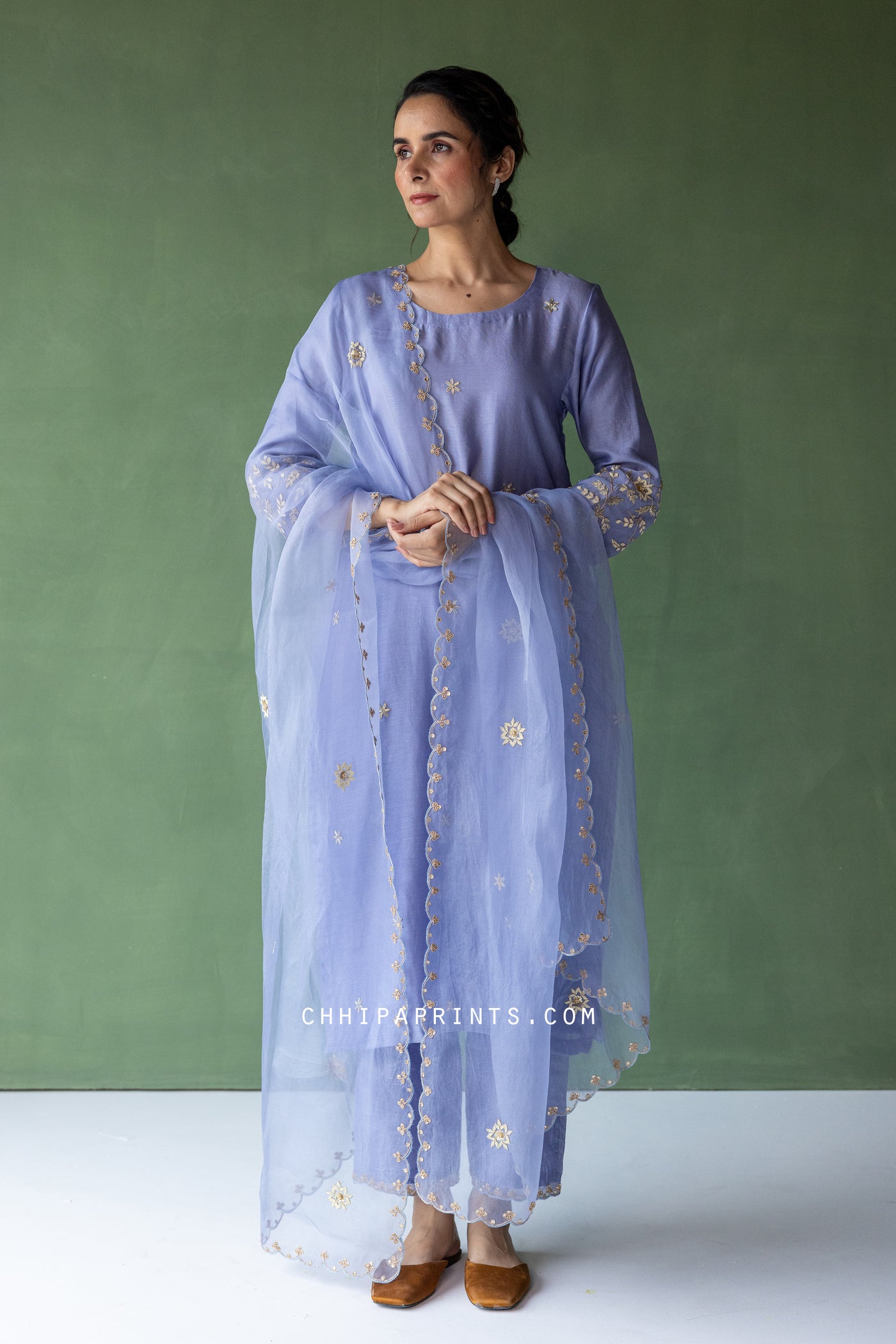 Chanderi Silk Dabka Hand Embroidery Kurta Set in Harbour Blue