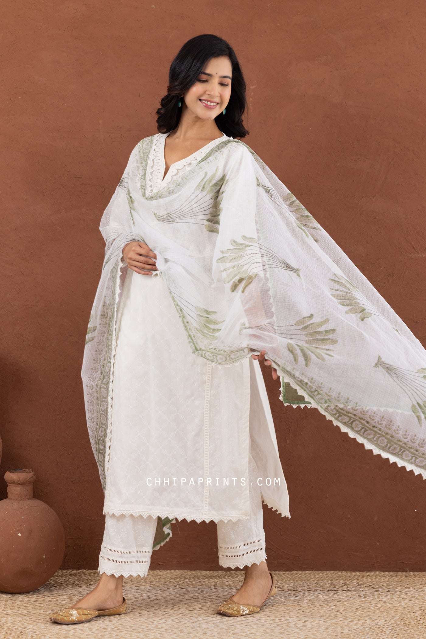 Cotton Hand Block Khari Print Kurta Set in Ivory with Green Palm Dupatta