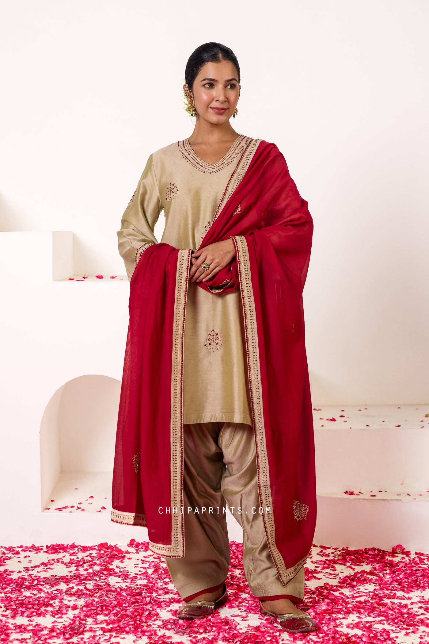 Chanderi Silk Hand Embroidery Kurta Set in Safari