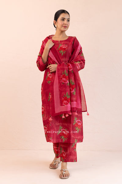 Chanderi Silk Block Print Gud Buta Kurta Set in Dark Red