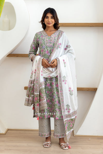 Cotton Block Print Mughal Jaal Suit Set in Shades of Oyster Mushroom and Pink