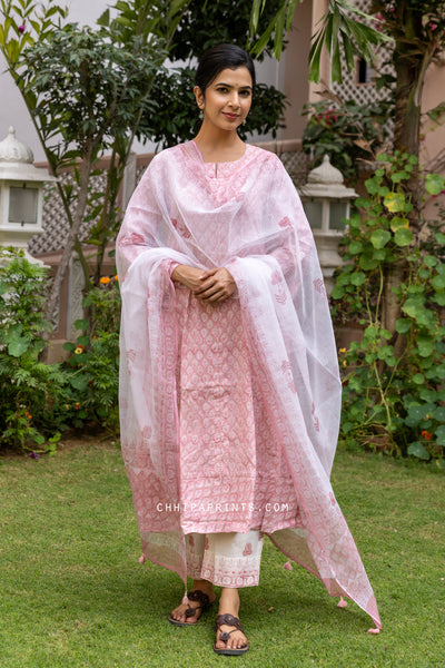 Cotton Block Print Gud Buti Kurta Set in Candy Pink