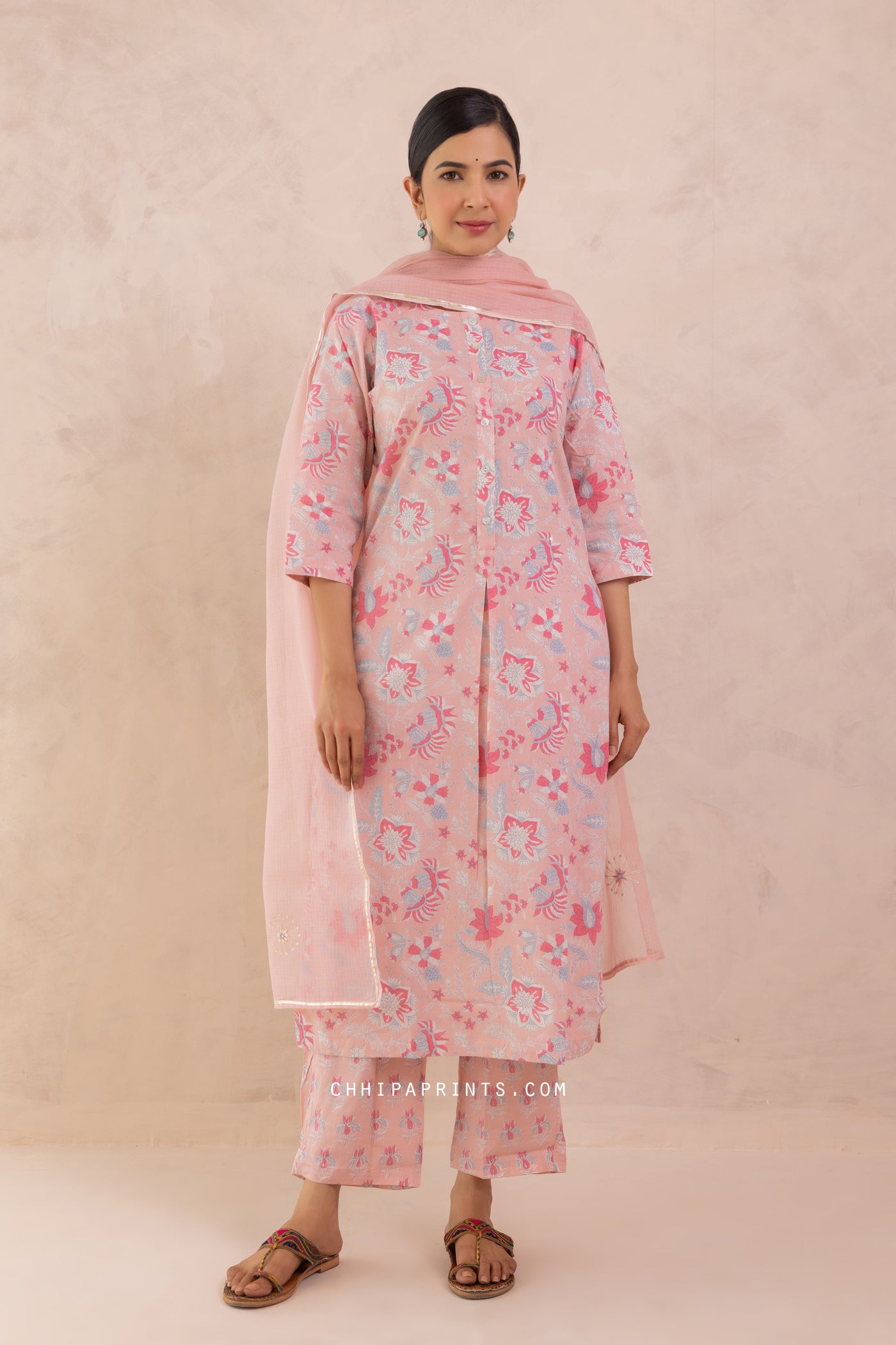 Cotton Mughal Jaal Print Kurta Set in Cameo Rose