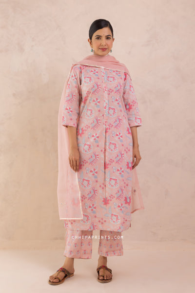 Cotton Mughal Jaal Print Kurta Set in Cameo Rose