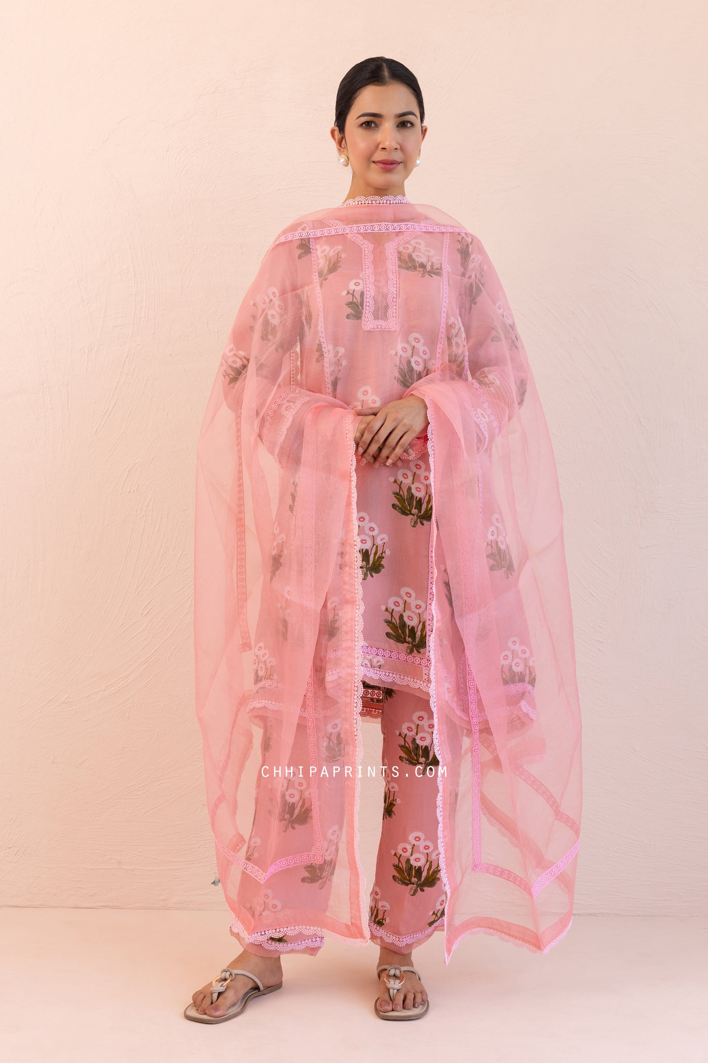 Organza Satin Printed Buta A line Kurta Set in Cameo Pink