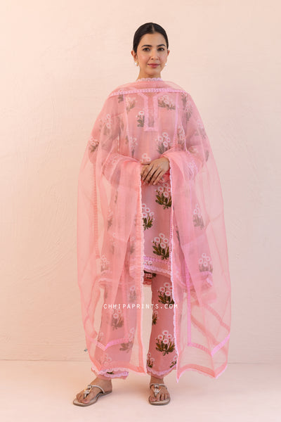 Organza Satin Printed Buta A line Kurta Set in Cameo Pink