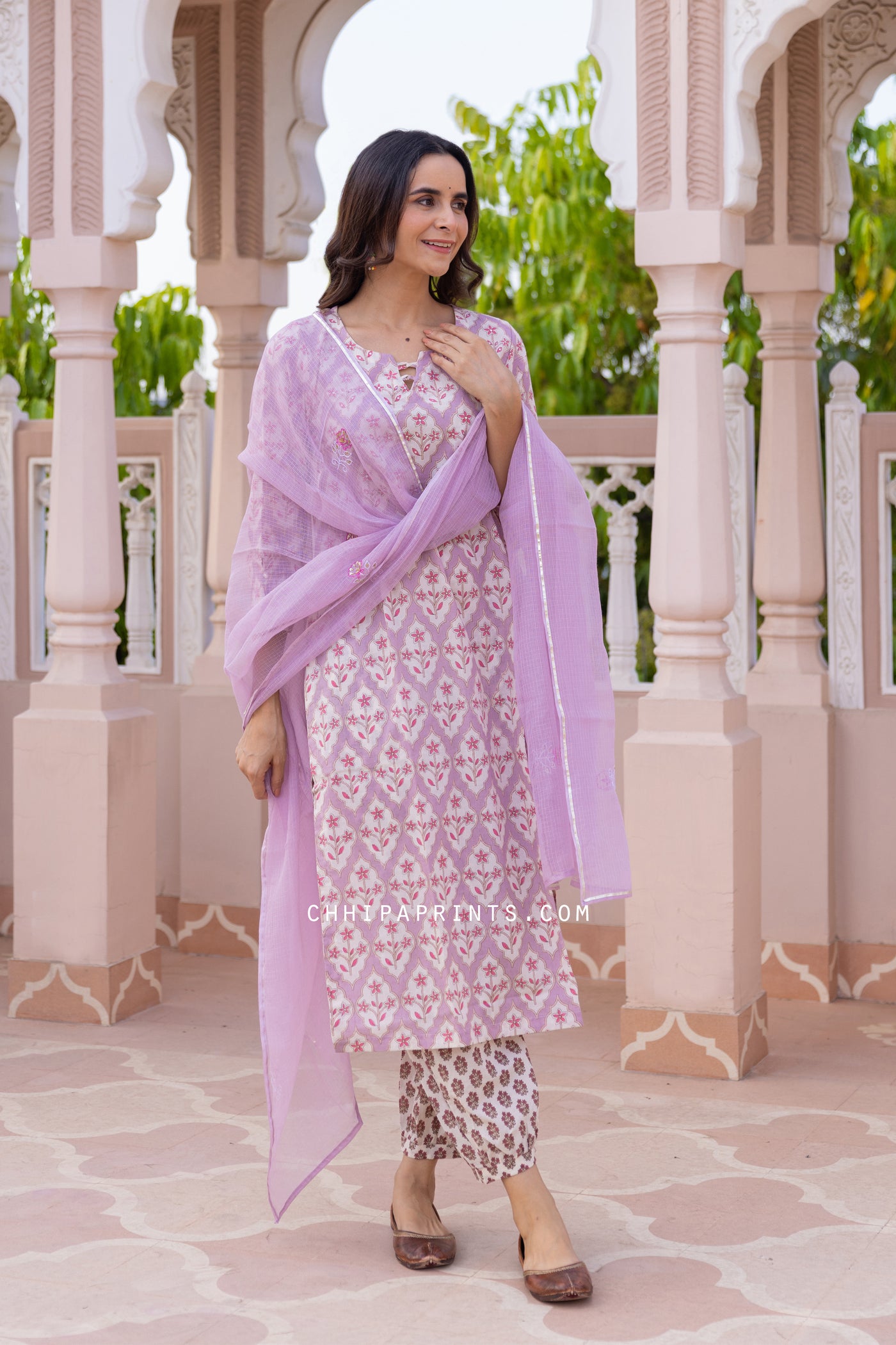 Cotton Chokdi Buta Suit Set from Aarna Collection in Dusty Lavender