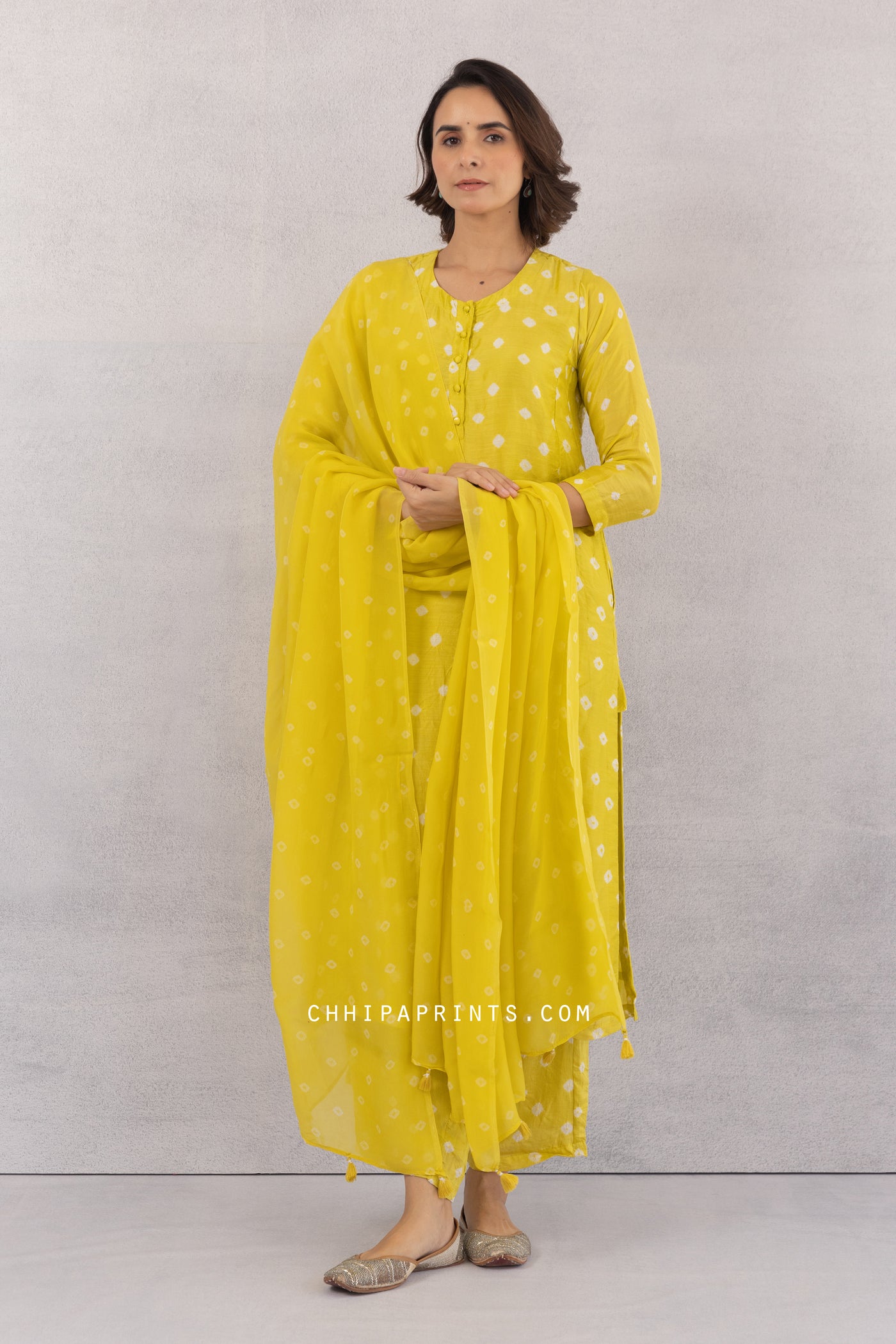 COTTON SILK BANDHANI KURTA SET IN SULPHUR YELLOW