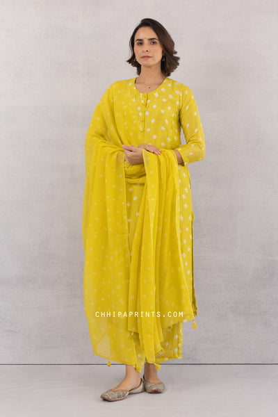 COTTON SILK BANDHANI KURTA SET IN SULPHUR YELLOW