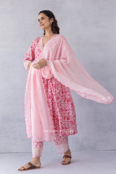 Cotton Block Print Gud Jaal Kurta Set in Baby Pink