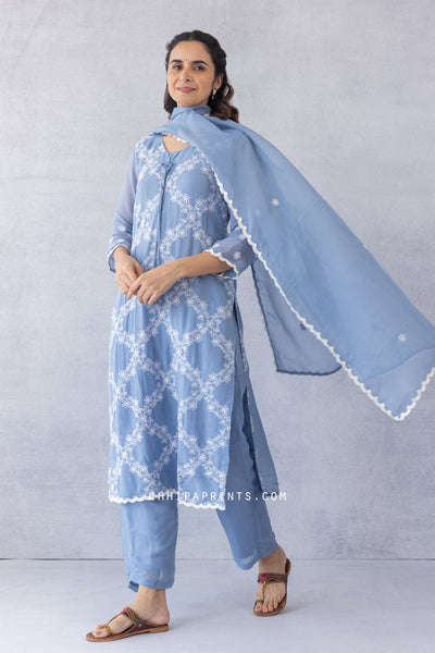 Organza Jaal Embroidery Kurta Set in Blue Haze