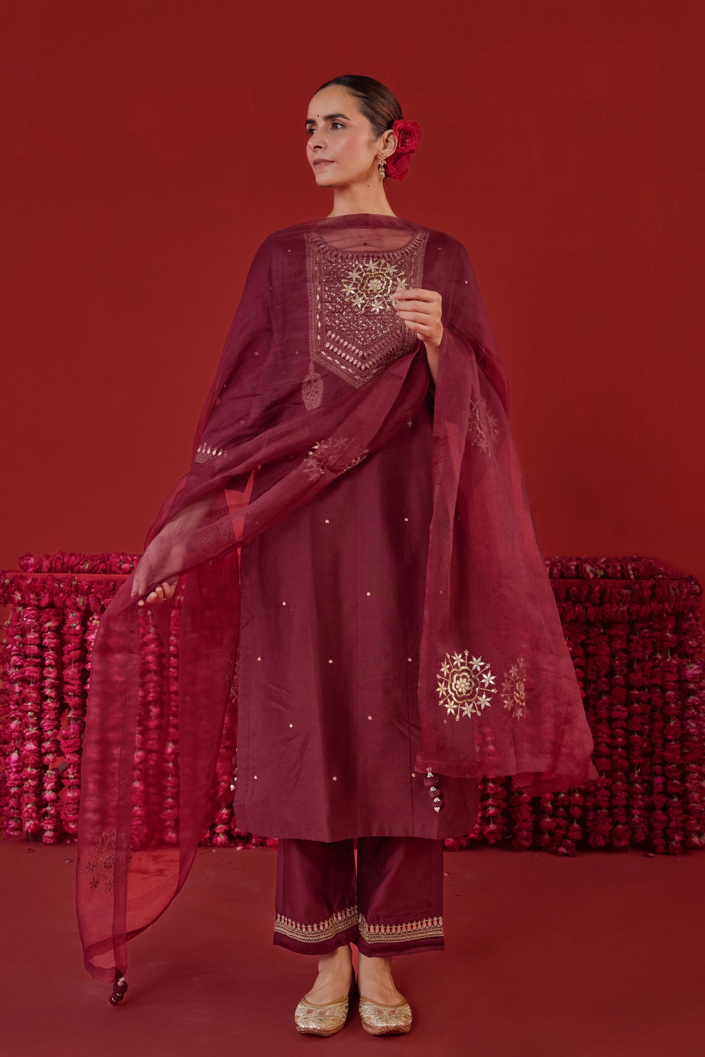 Chanderi Silk Aari Embroidery & Gota Patti Kurta Set in Burgundy