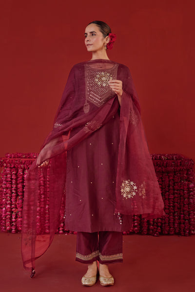 Chanderi Silk Aari Embroidery & Gota Patti Kurta Set in Burgundy