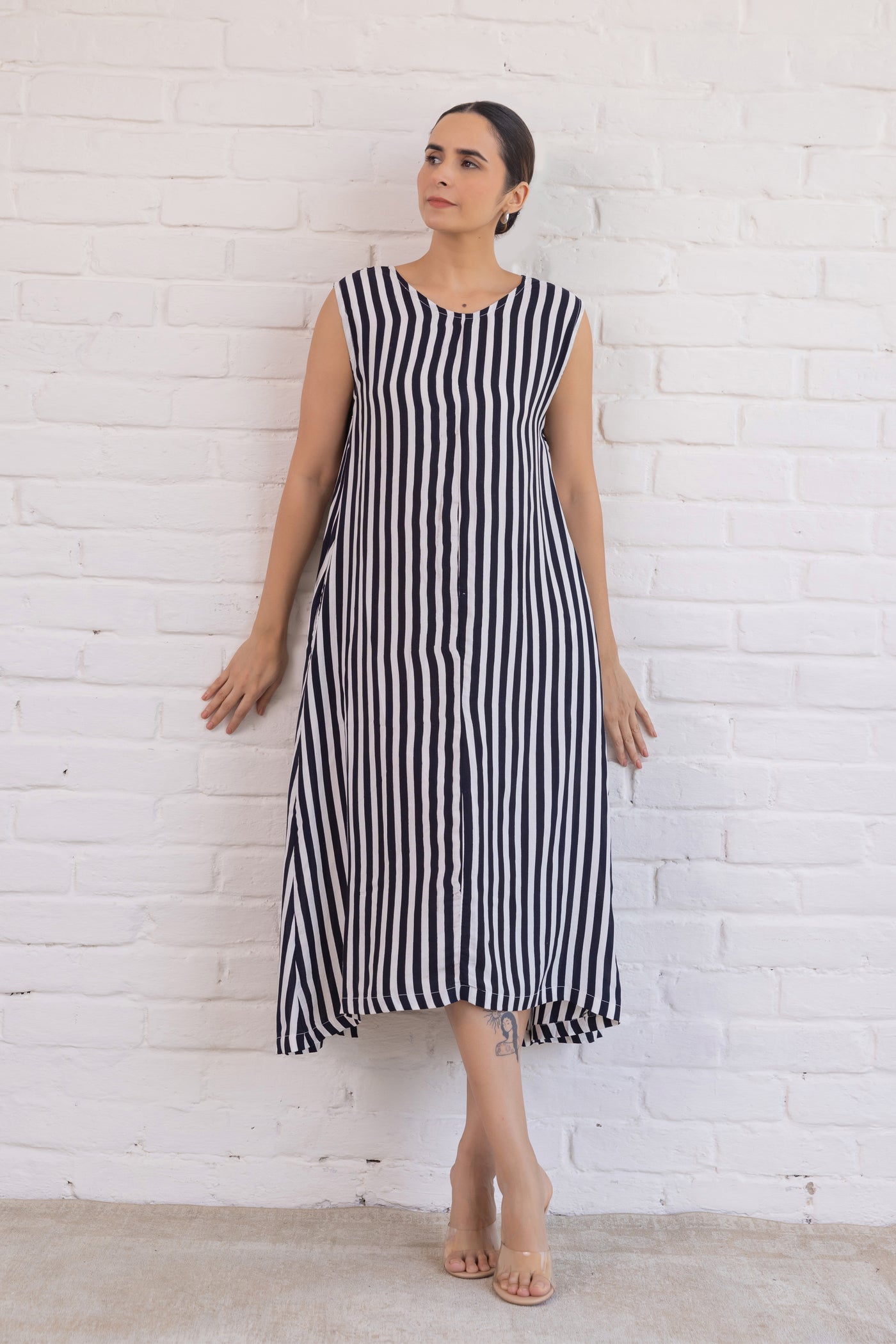 Cotton Hand Printed Free Size Shrug & Inner Dress Set in Black
