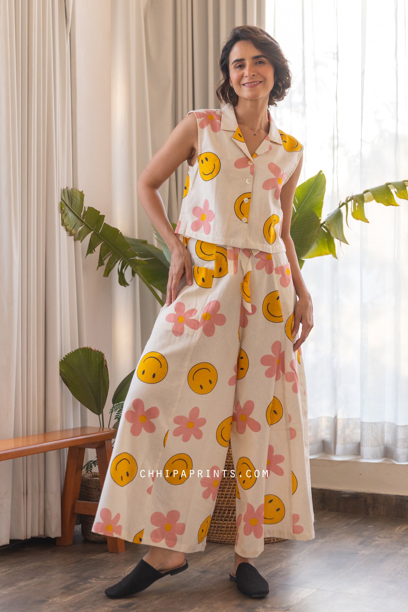 Cotton Smiley Print Co Ord Set in Shades of Yellow & Pink