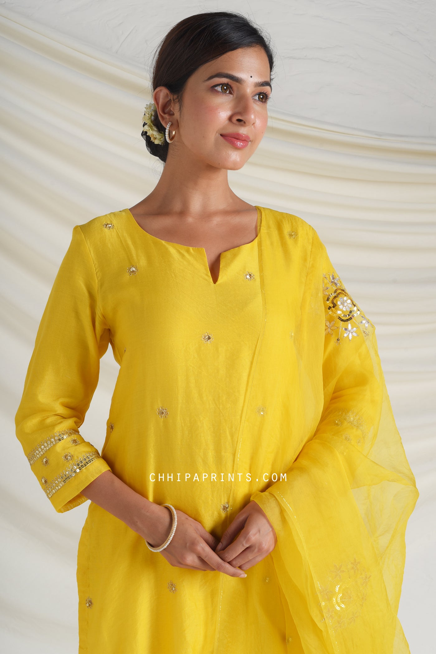 Chanderi Silk Hand Embroidery Suit Set in Solar Yellow