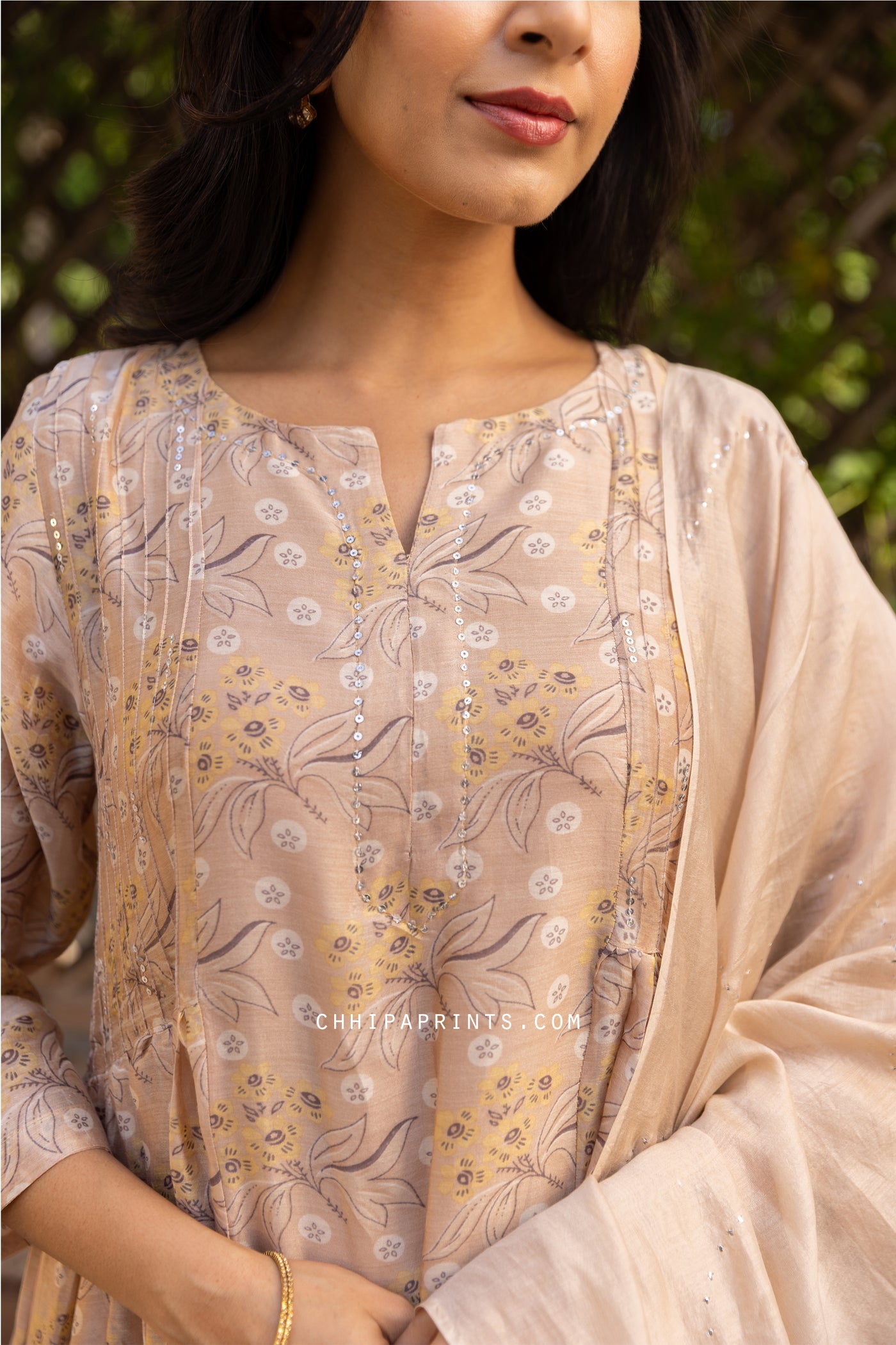 Chanderi SIlk Hand Printed Pintuck Kurta Set in Rose Tint