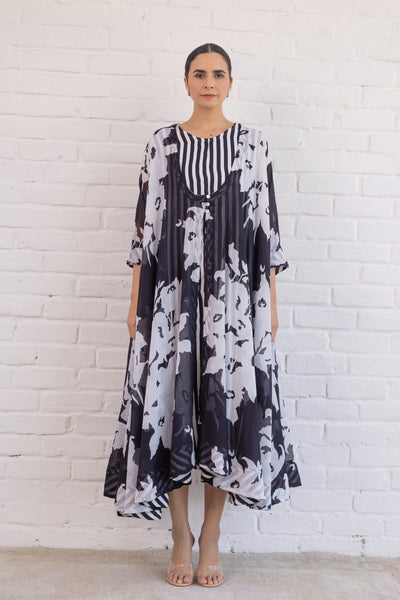 Cotton Hand Printed Free Size Shrug & Inner Dress Set in Black