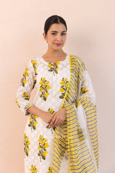 Chanderi Silk Dobby Block Print Chintz Kurta Set in Solar Yellow
