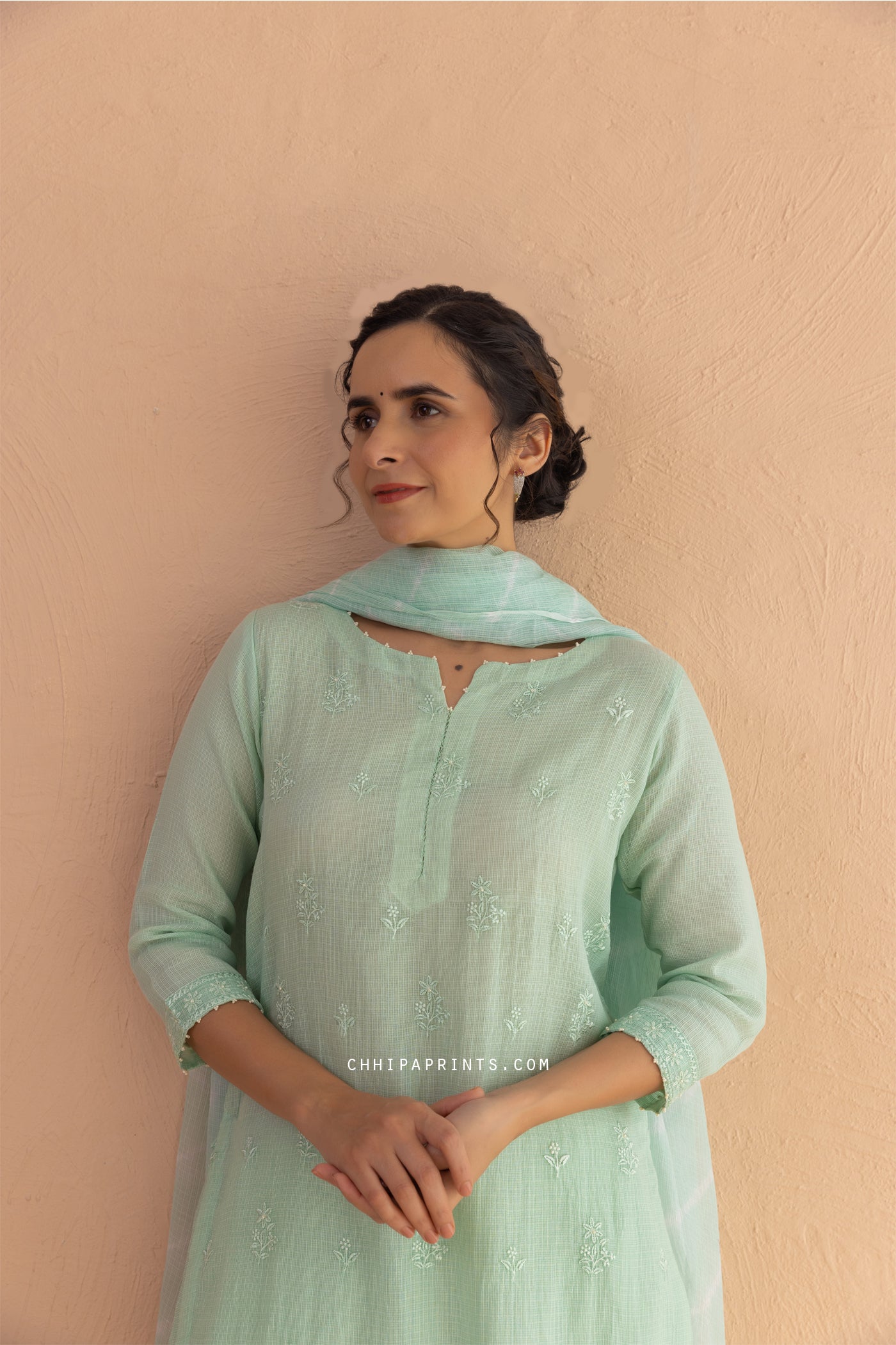 Kota Doria Embroidery Buti Suit Set in Mint Green
