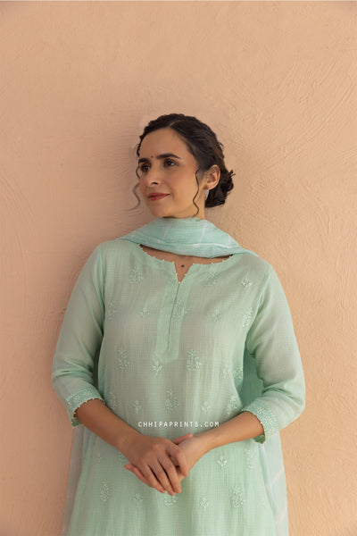 Kota Doria Embroidery Buti Suit Set in Mint Green