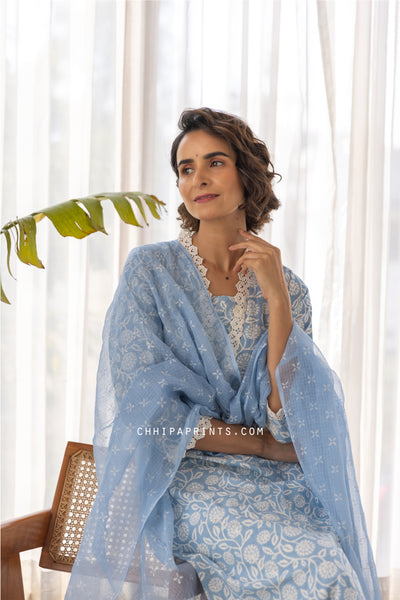 Cotton Mughal Jaal Print Kurta Set in Baby Blue